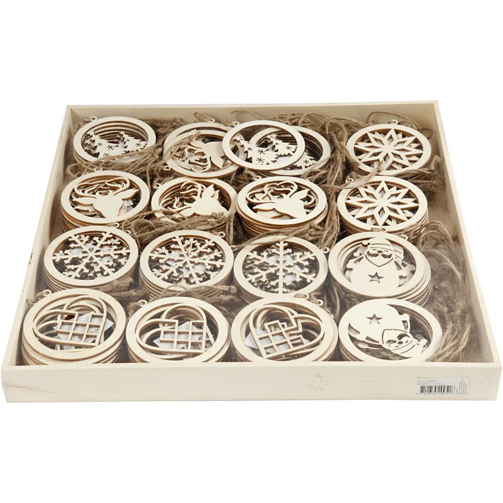 144 x Wooden Christmas Ornaments With Suspension Cord Hanging Decoration Crafts 8 cm