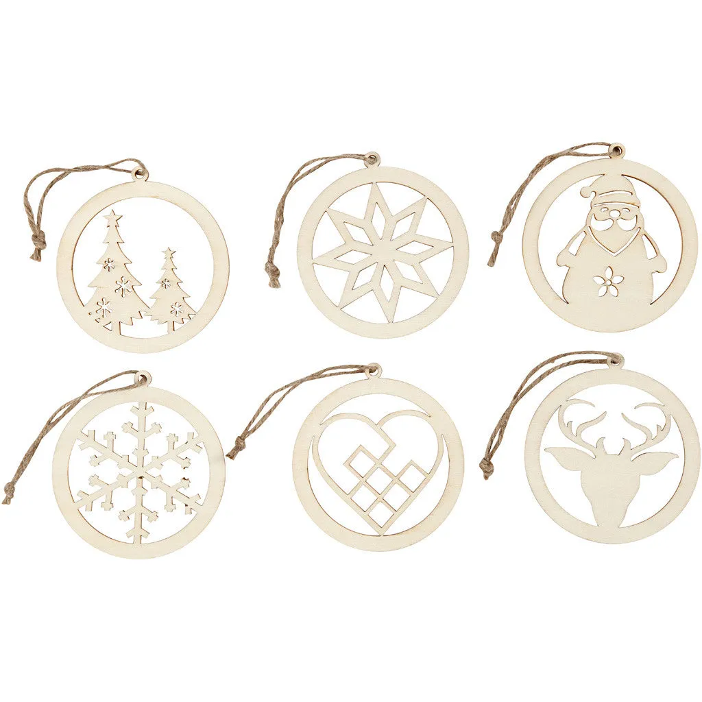 144 x Wooden Christmas Ornaments With Suspension Cord Hanging Decoration Crafts 8 cm