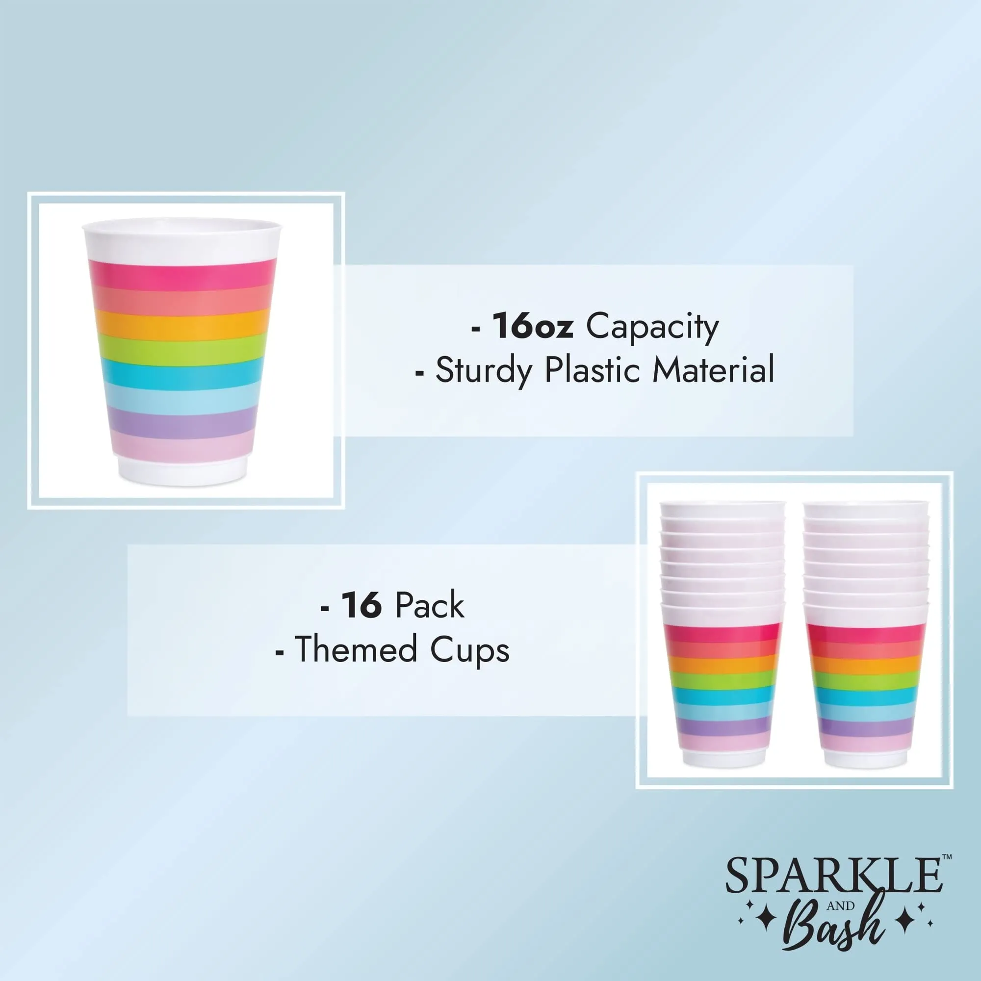 16 Oz Plastic Tumbler Cups For Kids Rainbow Party Supplies (16 Pack)