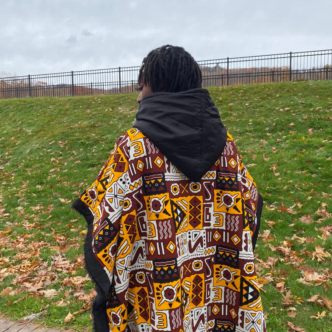 African Ankara Winter Ponchos Latoya, Lined with Faux Fur.