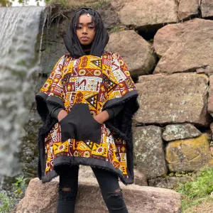 African Ankara Winter Ponchos Latoya, Lined with Faux Fur.