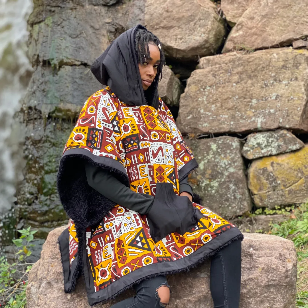 African Ankara Winter Ponchos Latoya, Lined with Faux Fur.