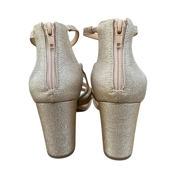 Badgley Mischka Champagne Glitter Glam Strappy Block Heel Formal Wedding Event