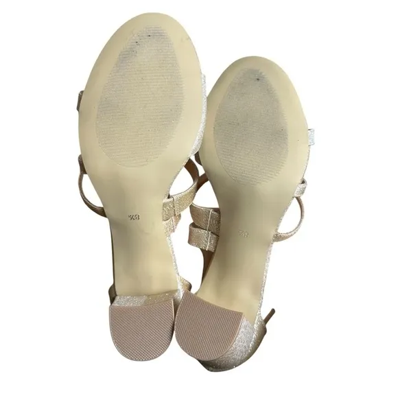 Badgley Mischka Champagne Glitter Glam Strappy Block Heel Formal Wedding Event