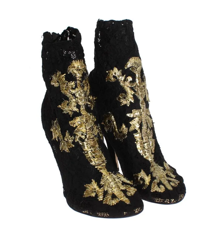 Black Lace Gold Baroque Suede Pumps