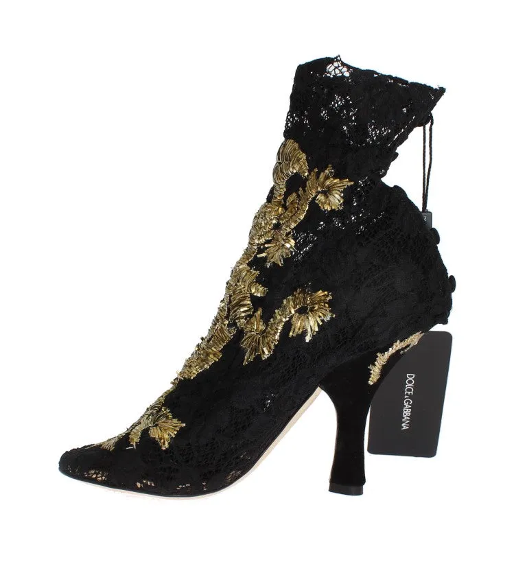 Black Lace Gold Baroque Suede Pumps