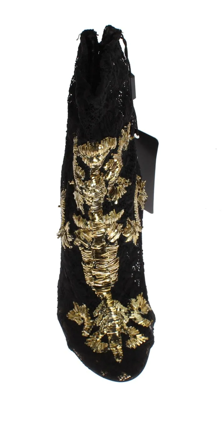 Black Lace Gold Baroque Suede Pumps