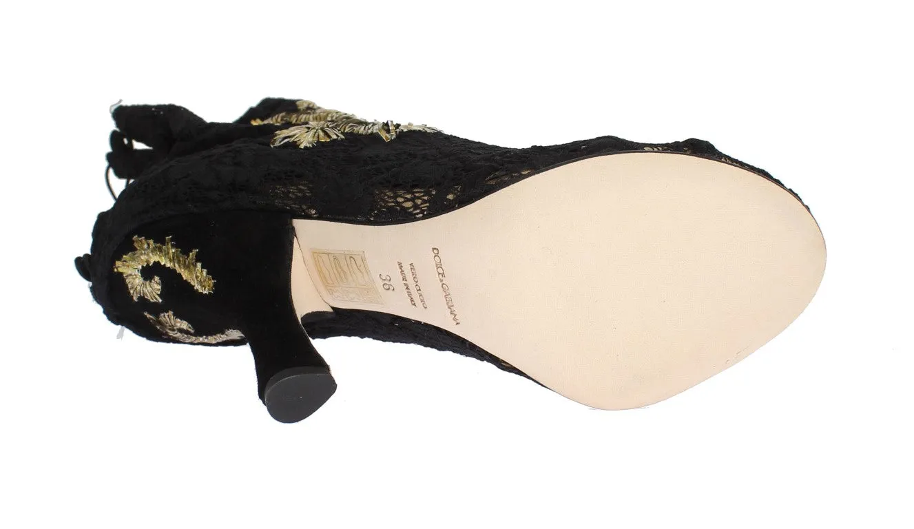Black Lace Gold Baroque Suede Pumps
