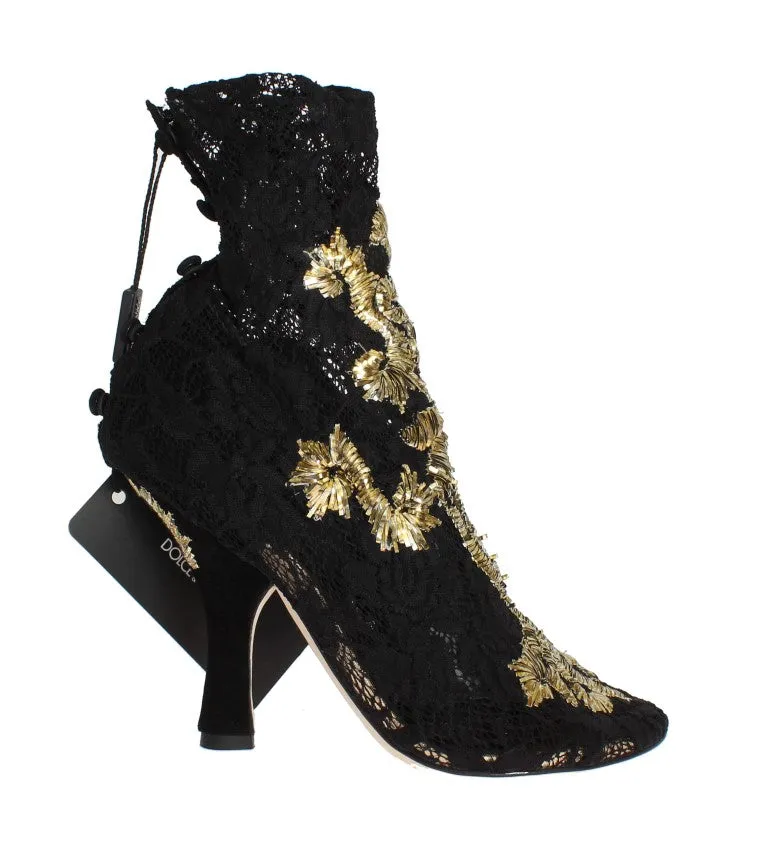 Black Lace Gold Baroque Suede Pumps
