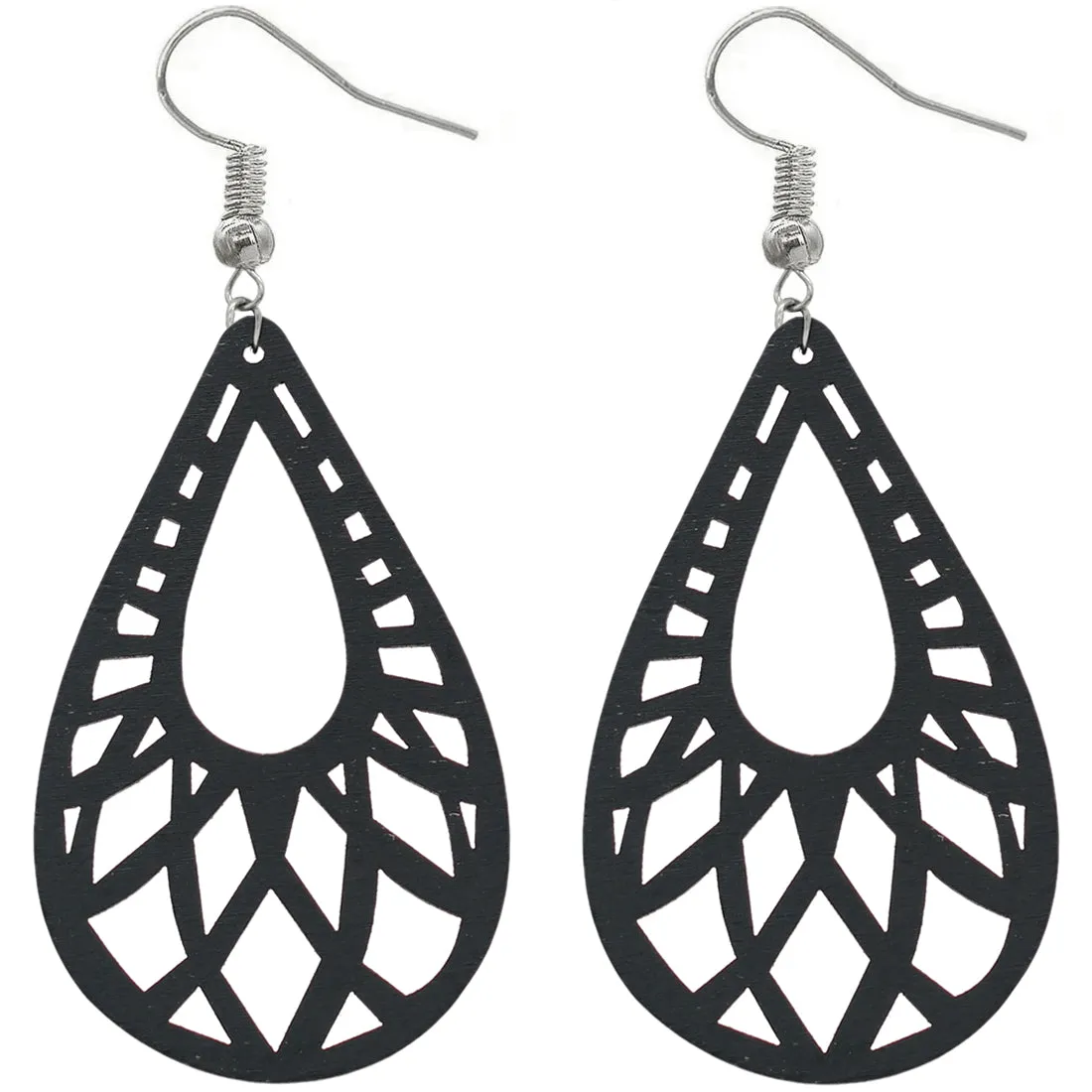 Black Large Cutout Teardrop Wooden Earrings