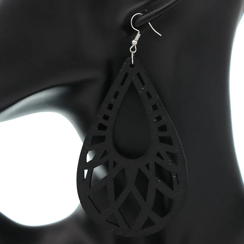 Black Large Cutout Teardrop Wooden Earrings