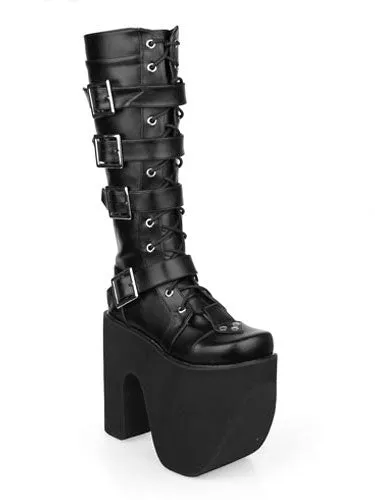 Black Thick Sole Buckle PU Leather Round Toe Lolita Boots