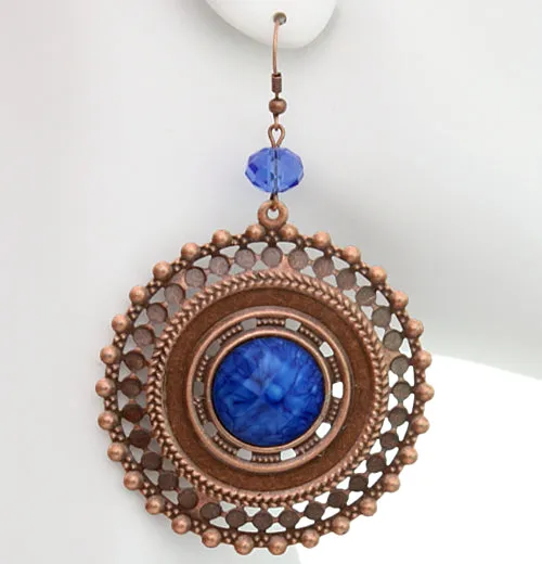 Blue Beaded Rose Gold Cutout Earrings