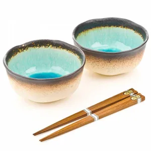 Blue Crackleglaze Ceramic Bowl Set with Chopsticks