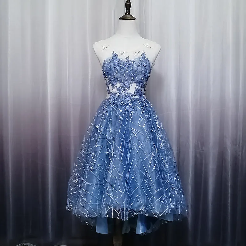 Blue Lace Round Neckline High Low Party Dress, Blue Short Homecoming Dress