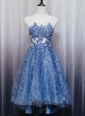 Blue Lace Round Neckline High Low Party Dress, Blue Short Homecoming Dress