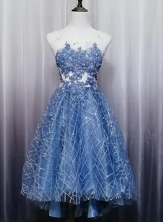 Blue Lace Round Neckline High Low Party Dress, Blue Short Homecoming Dress