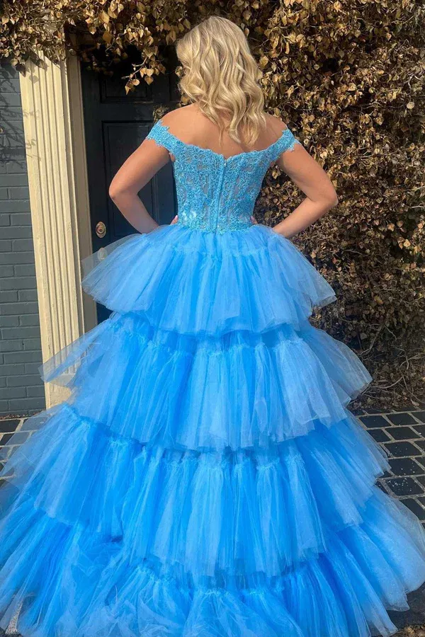 Blue Tulle Lace Off The Shoulder High Low Tiered Prom Dress APP0745