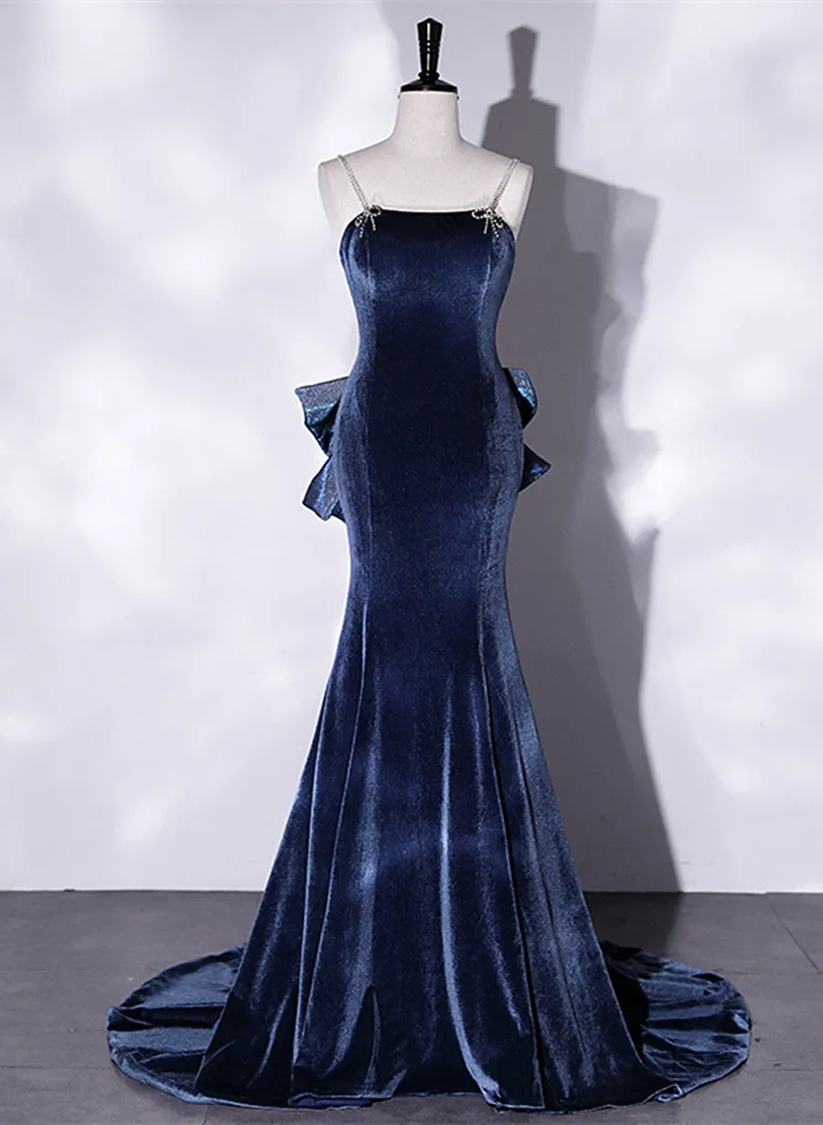 Blue Velvet Mermaid Straps Low Back Party Dress with Bow, Blue Long Evening Dress