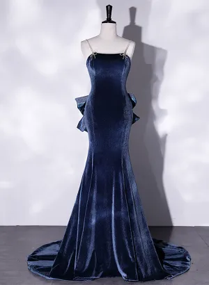 Blue Velvet Mermaid Straps Low Back Party Dress with Bow, Blue Long Evening Dress