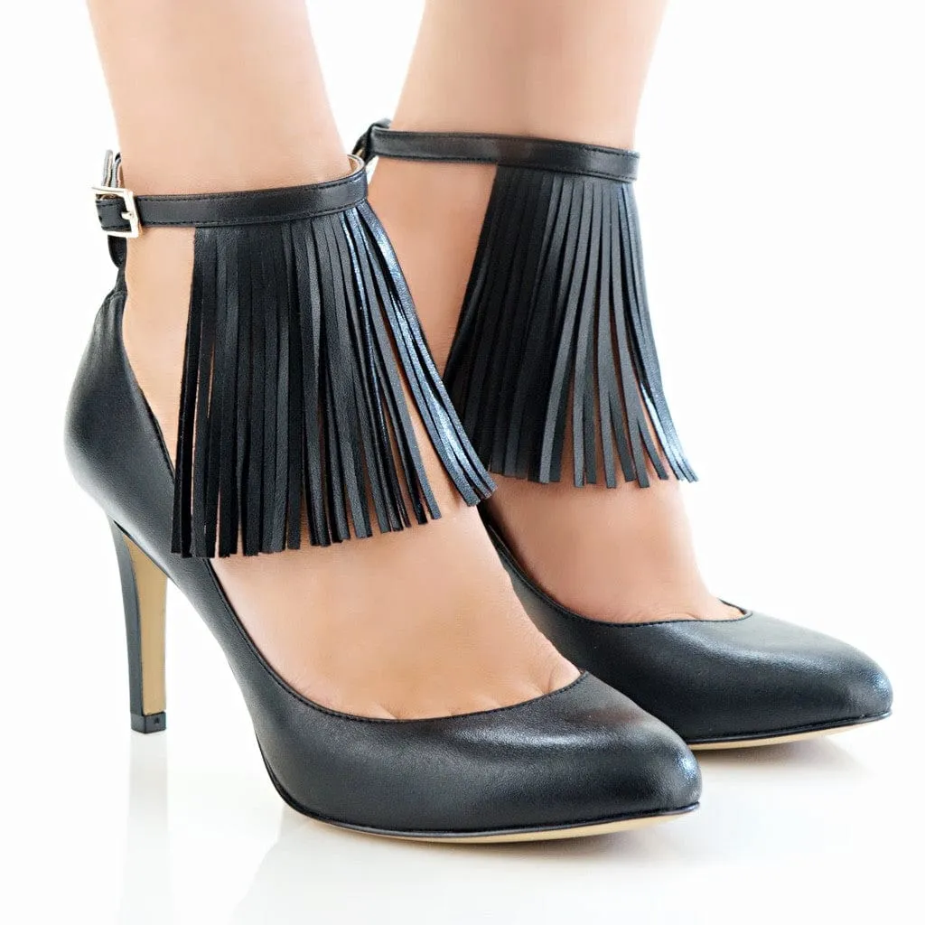 Boho Vegan Leather Fringe Ankle Straps | Midnight Blak