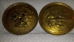 Brass Vintage Decorative Plates Fox Hunt Scenes Set of Two