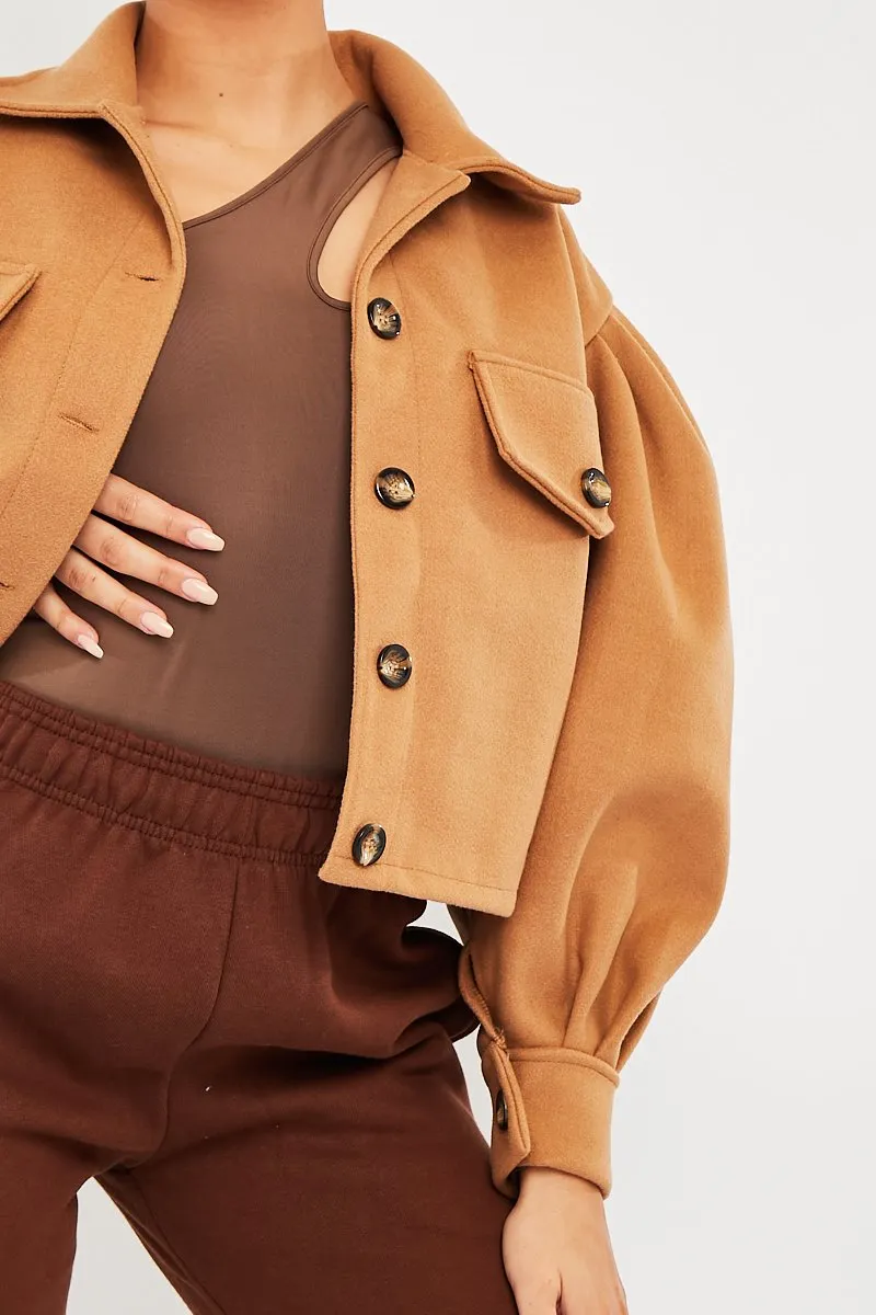 Camel Cropped Balloon Sleeve Shacket - Lexia