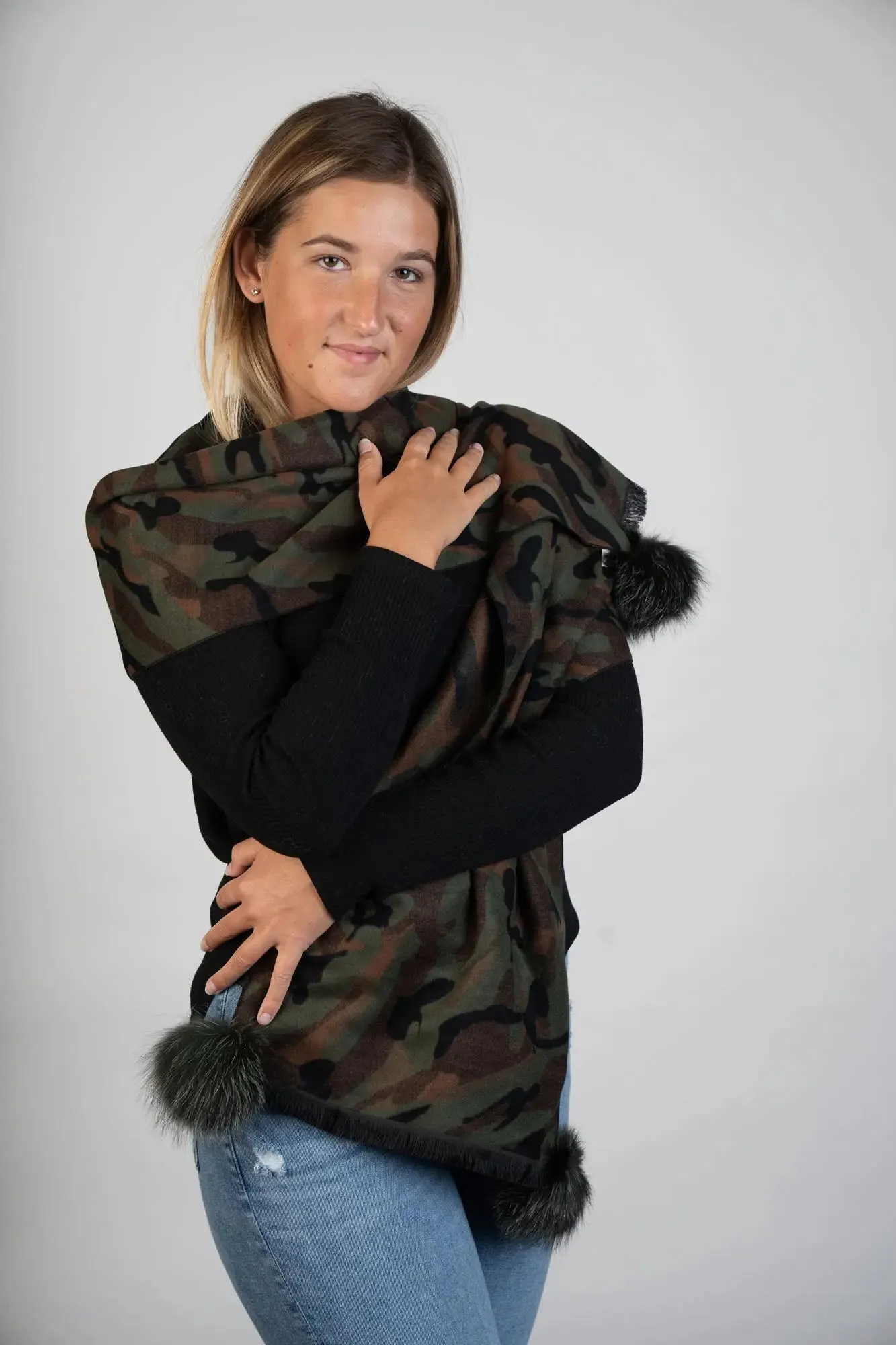 Camouflage Scarf W/Fox Poms