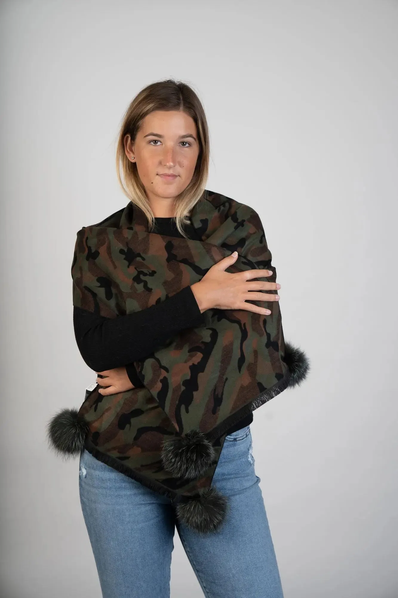 Camouflage Scarf W/Fox Poms