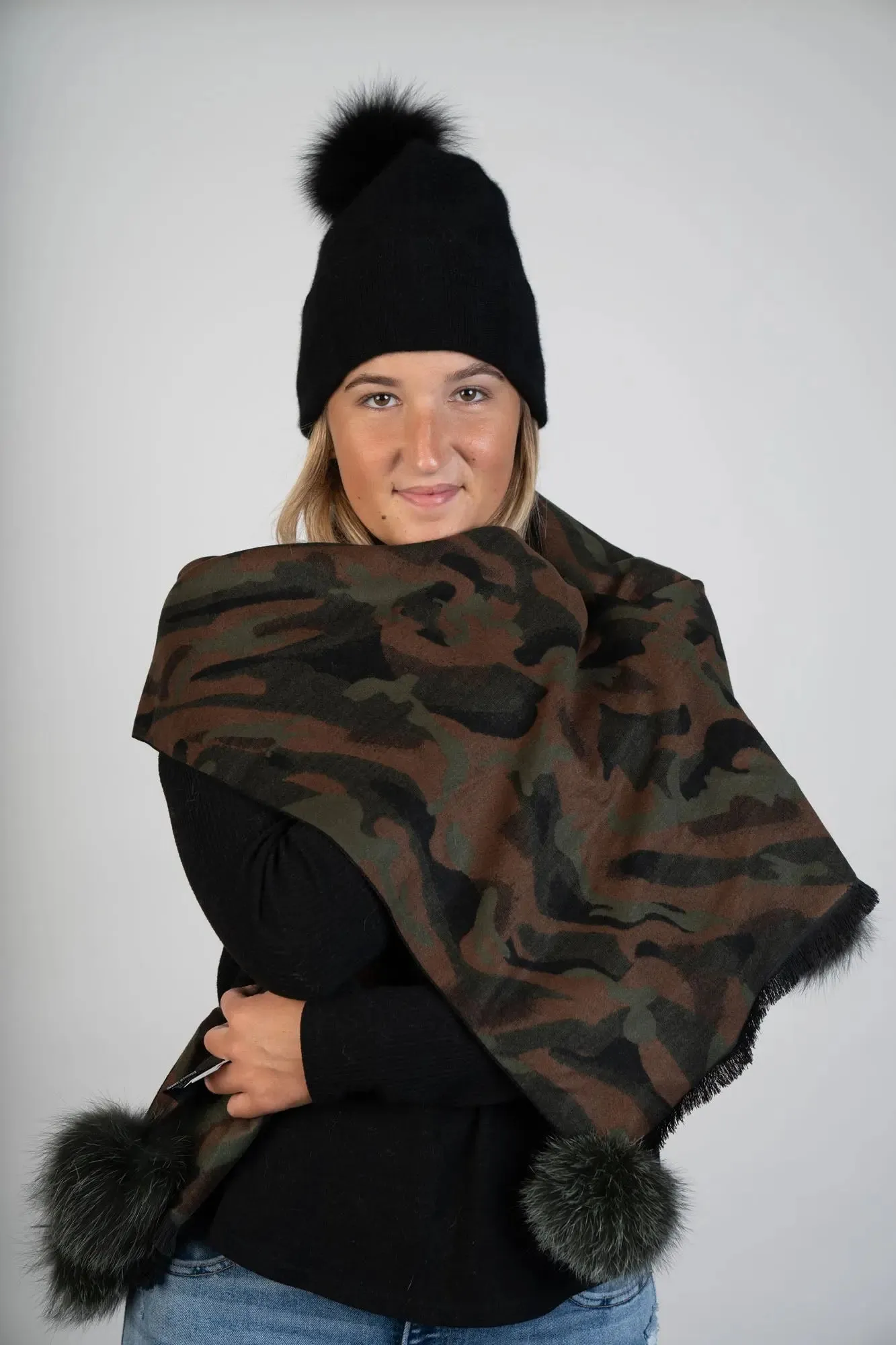 Camouflage Scarf W/Fox Poms