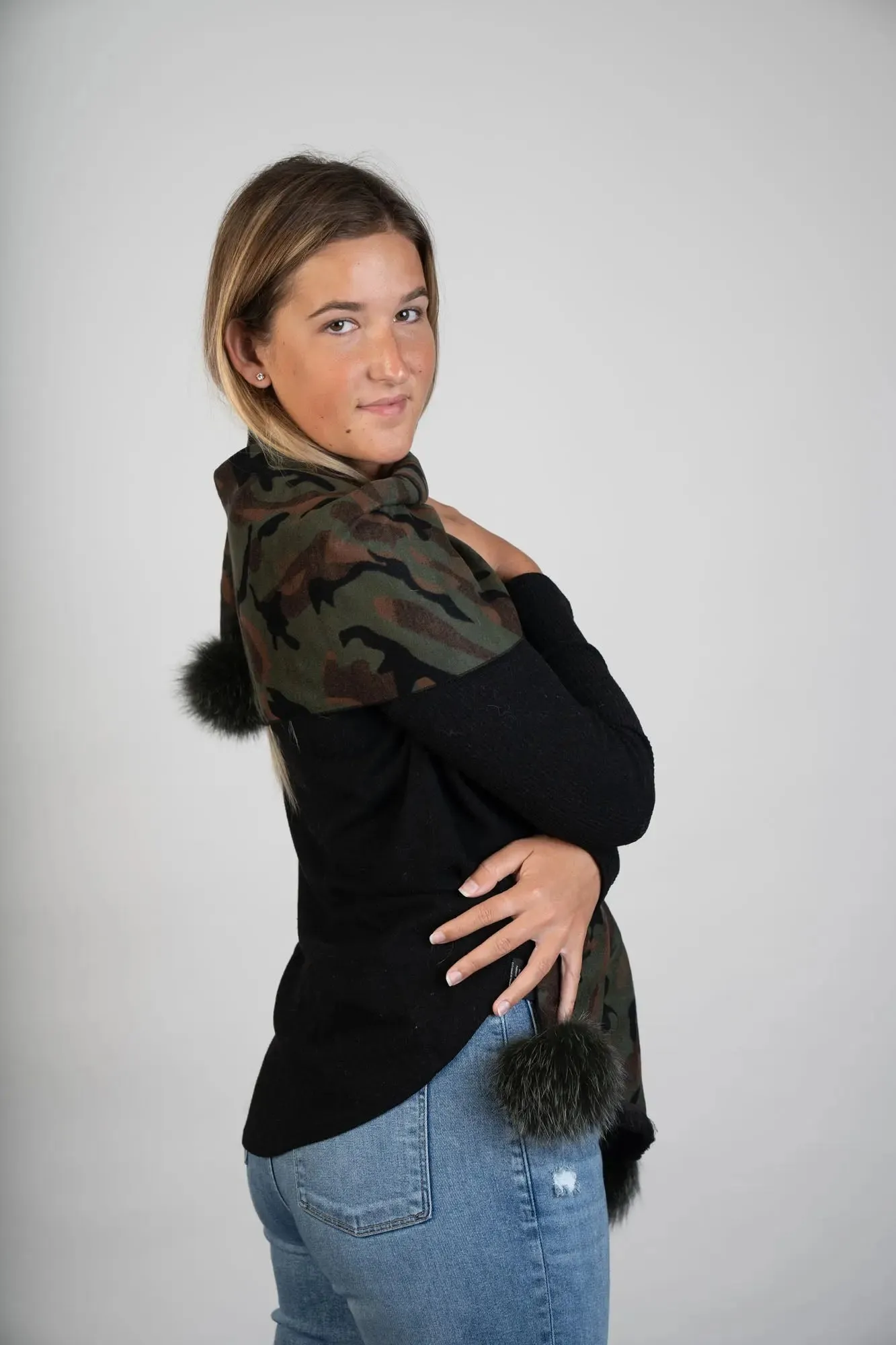 Camouflage Scarf W/Fox Poms