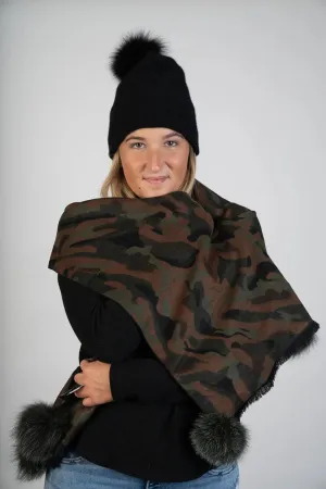 Camouflage Scarf W/Fox Poms