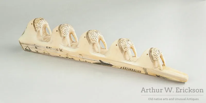 Carved and Scrimshawed Walrus Ivory Tusk