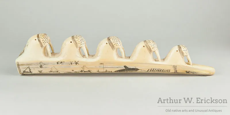 Carved and Scrimshawed Walrus Ivory Tusk