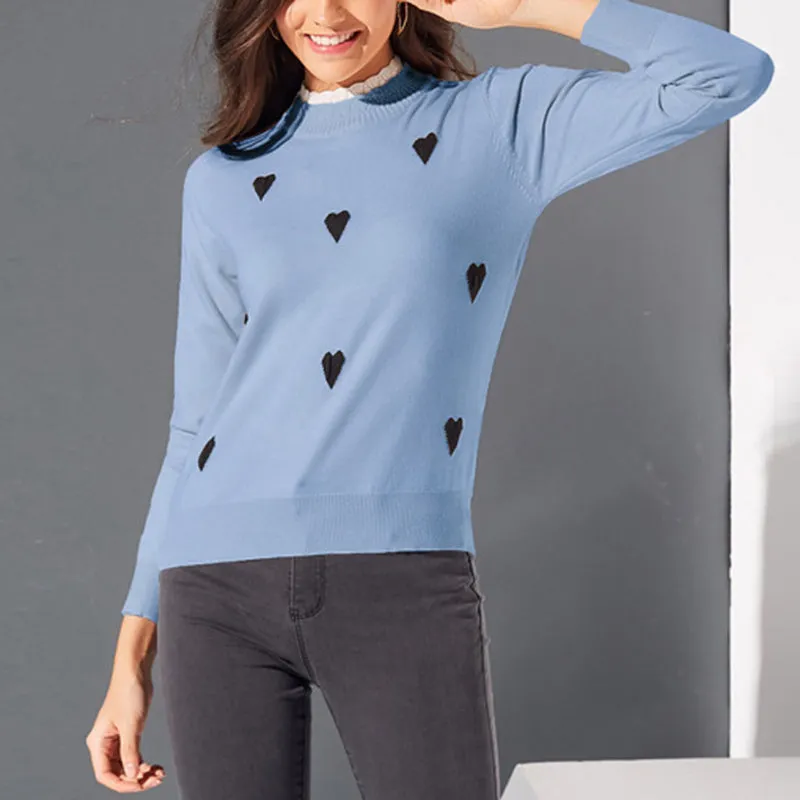 Casual Sweater Collar Round Neck Slim Female Love Wooden Ear Sweater Top