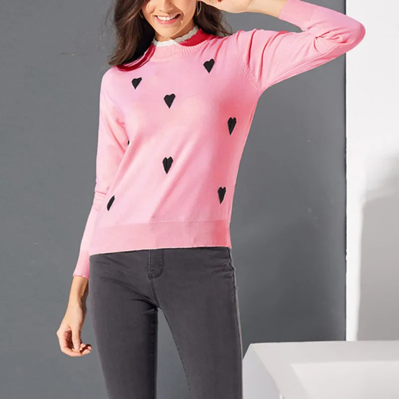 Casual Sweater Collar Round Neck Slim Female Love Wooden Ear Sweater Top