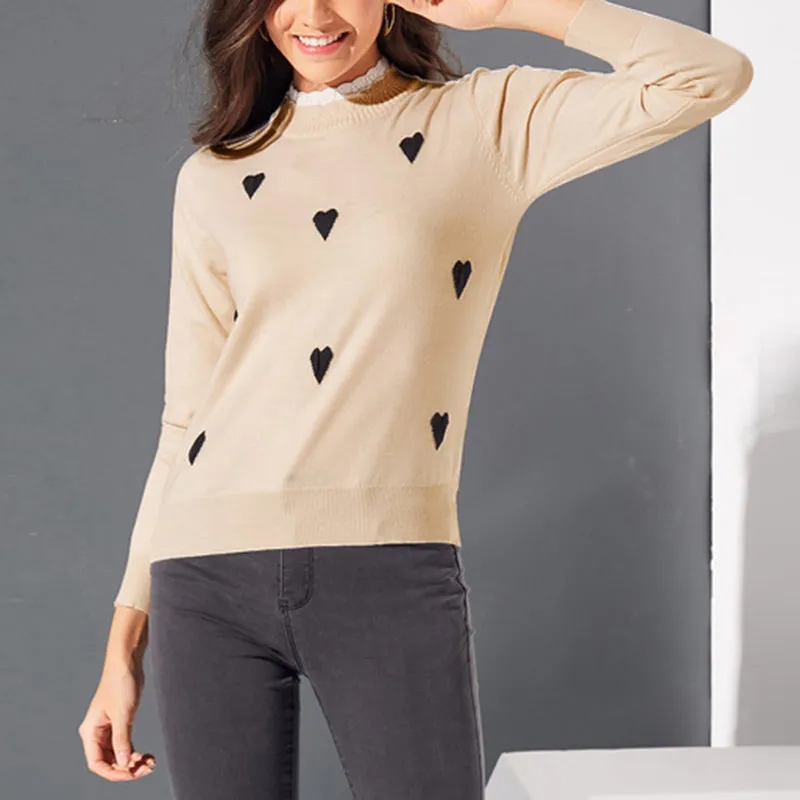 Casual Sweater Collar Round Neck Slim Female Love Wooden Ear Sweater Top
