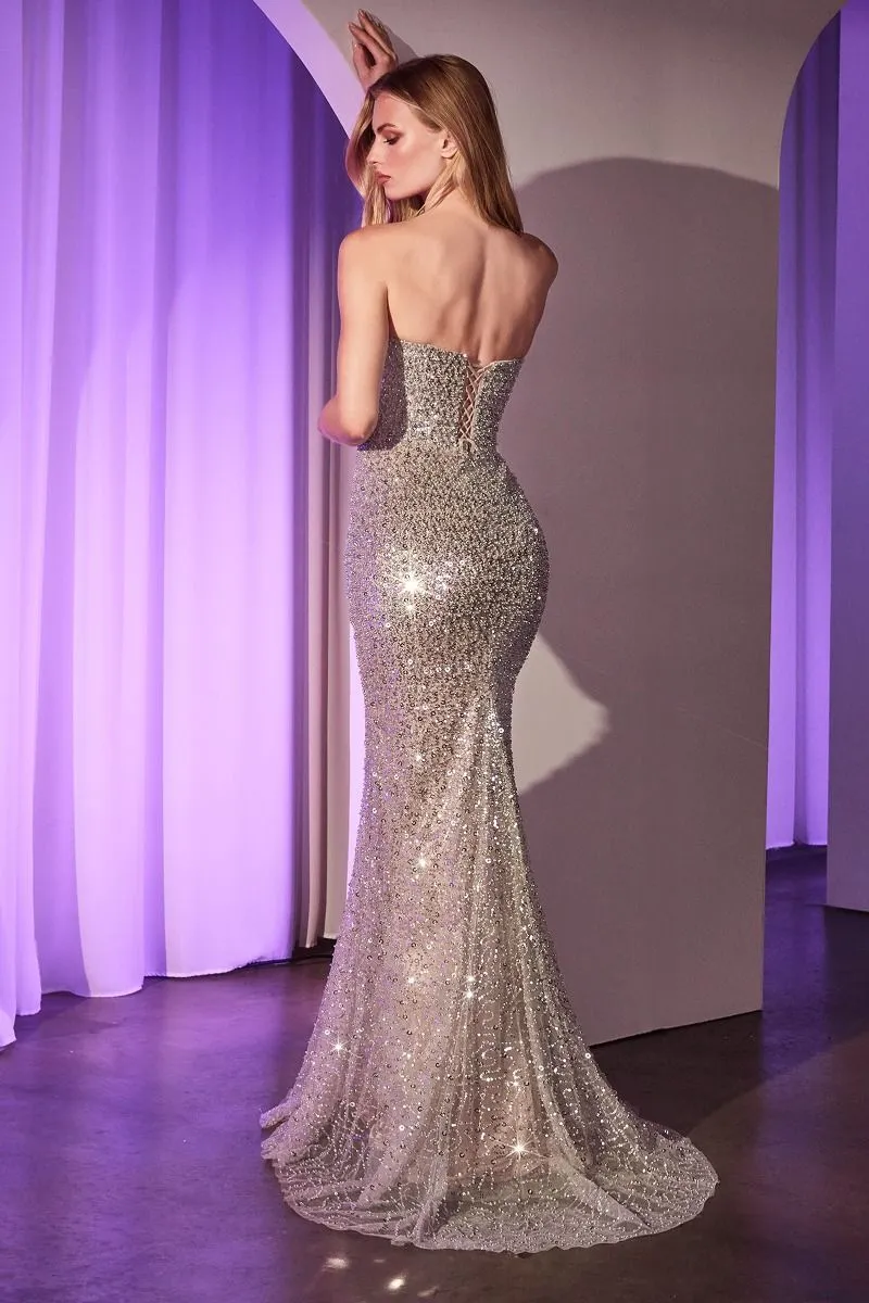 CD CC385 - Fully Beaded Strapless Fit & Flare Prom Gown with Scoop Neck & Open Lace Up Back