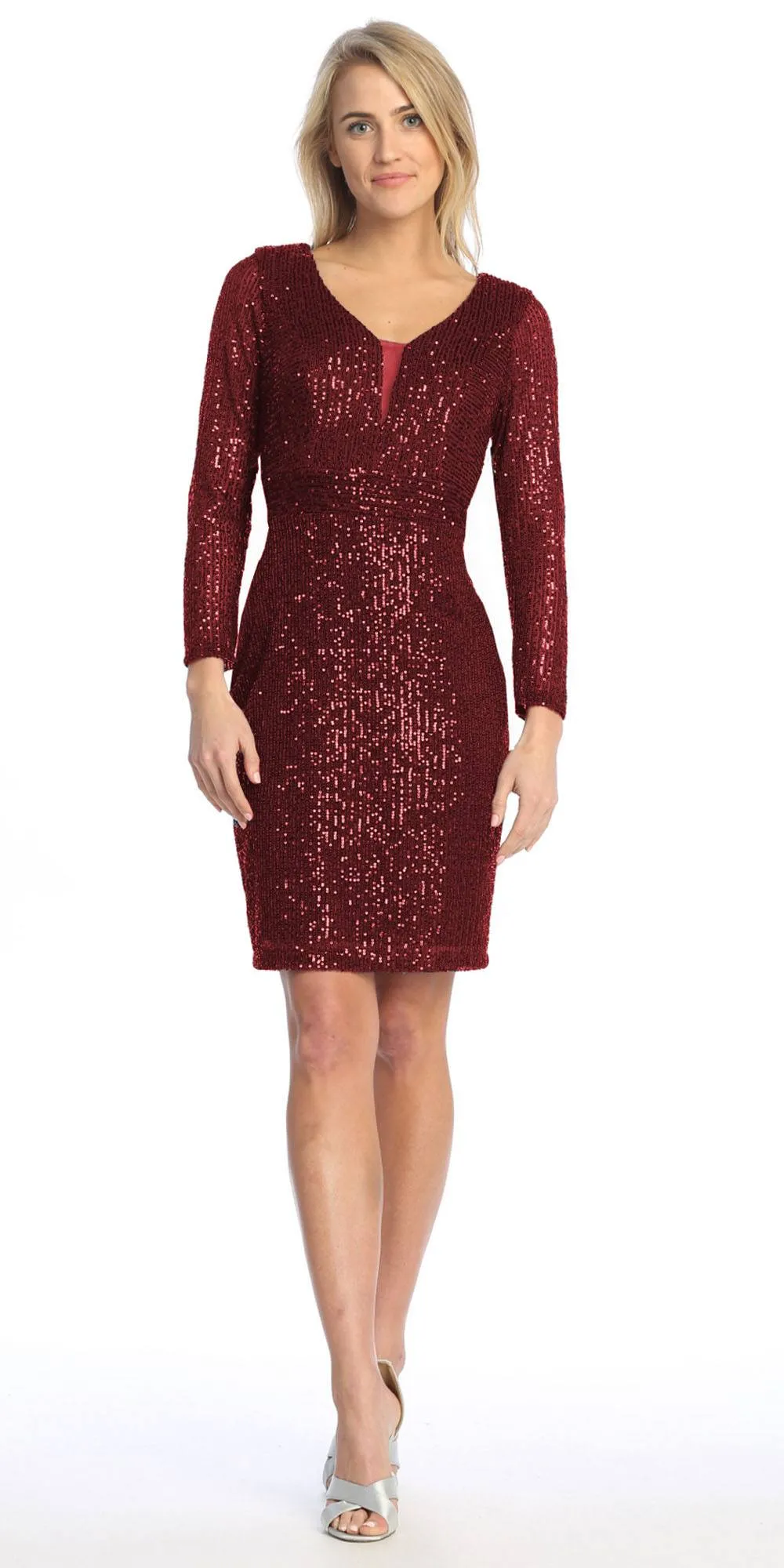 Celavie 6571-S Short Cocktail Sequin Dress Long Sleeves V-Neck