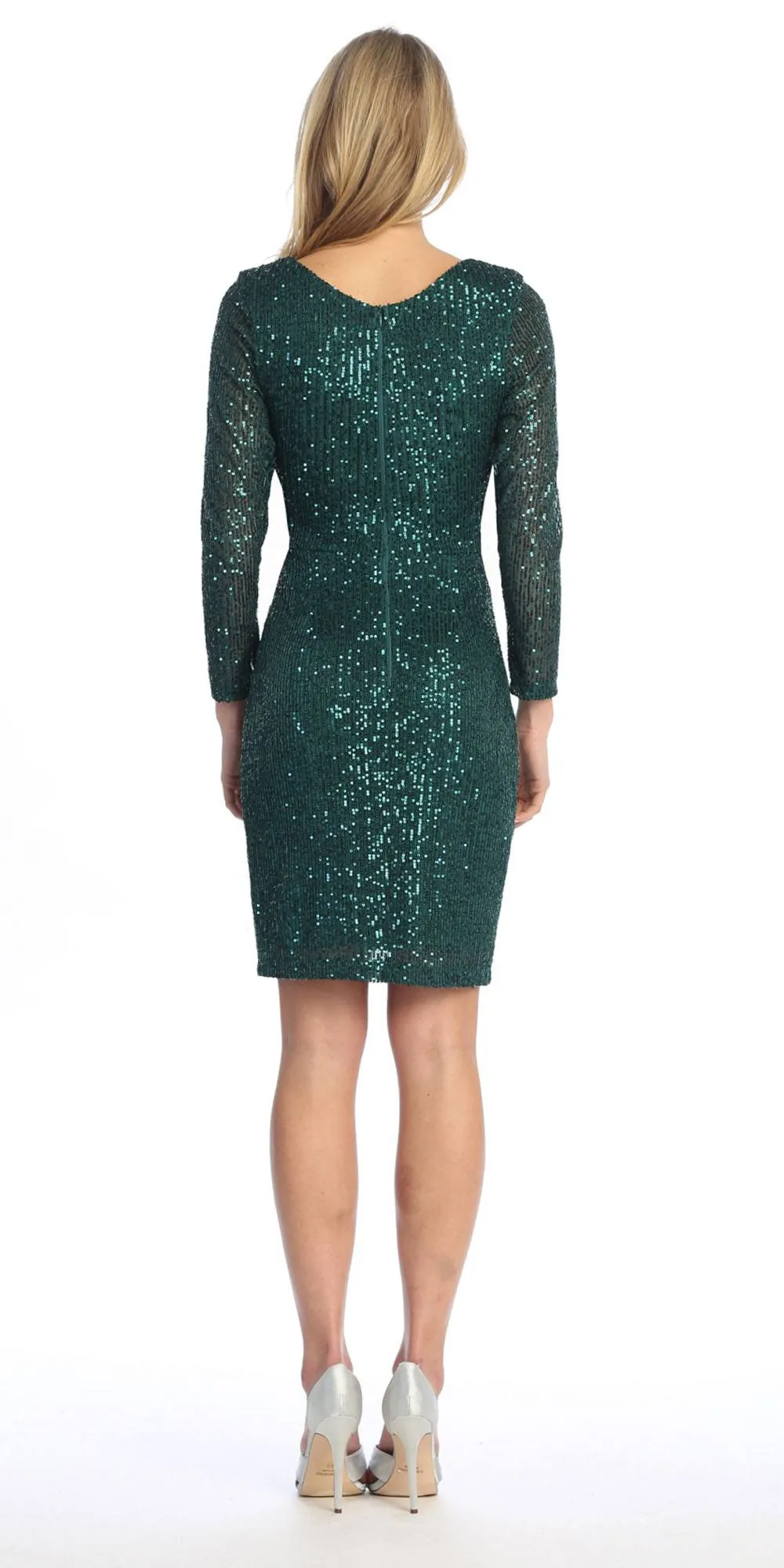 Celavie 6571-S Short Cocktail Sequin Dress Long Sleeves V-Neck