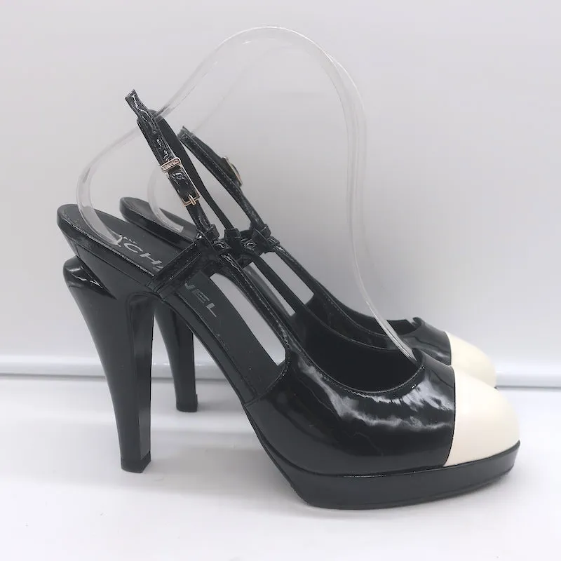 Chanel Cap Toe Slingback Platform Pumps Black & White Patent Leather Size 39.5