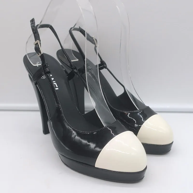 Chanel Cap Toe Slingback Platform Pumps Black & White Patent Leather Size 39.5