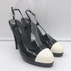 Chanel Cap Toe Slingback Platform Pumps Black & White Patent Leather Size 39.5