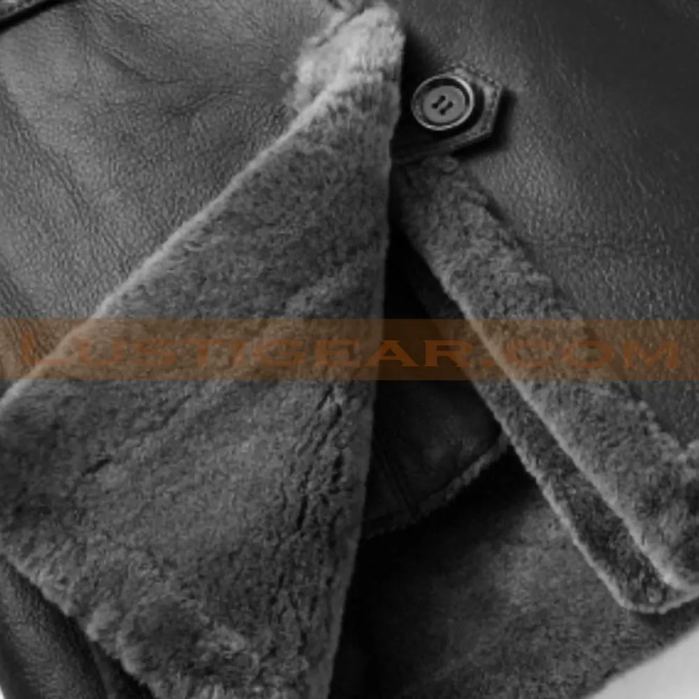 Charcoal Black Leather Long Coat with Black Fur Shearling Mens Winter Jacket