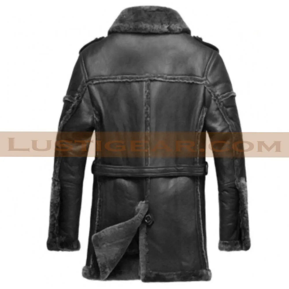 Charcoal Black Leather Long Coat with Black Fur Shearling Mens Winter Jacket