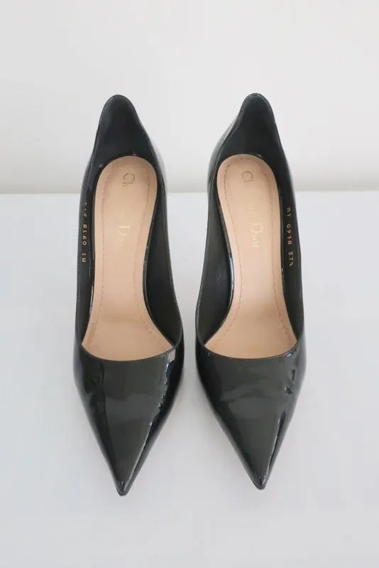 Christian Dior D-Moi Pumps Black Patent Leather Size 37.5 Pointed Toe Heel
