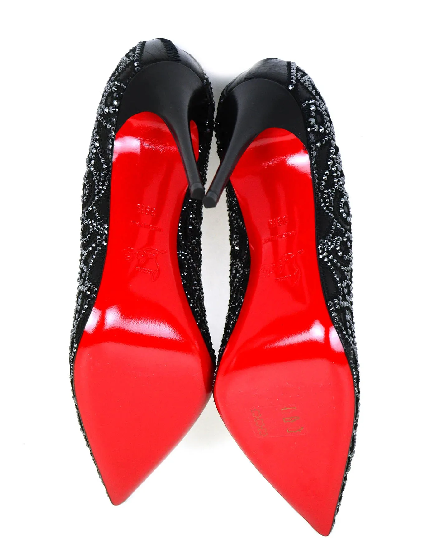 Christian Louboutin NEW Black Calfskin Scalloped Crystal Top Vague Pumps sz 39.5