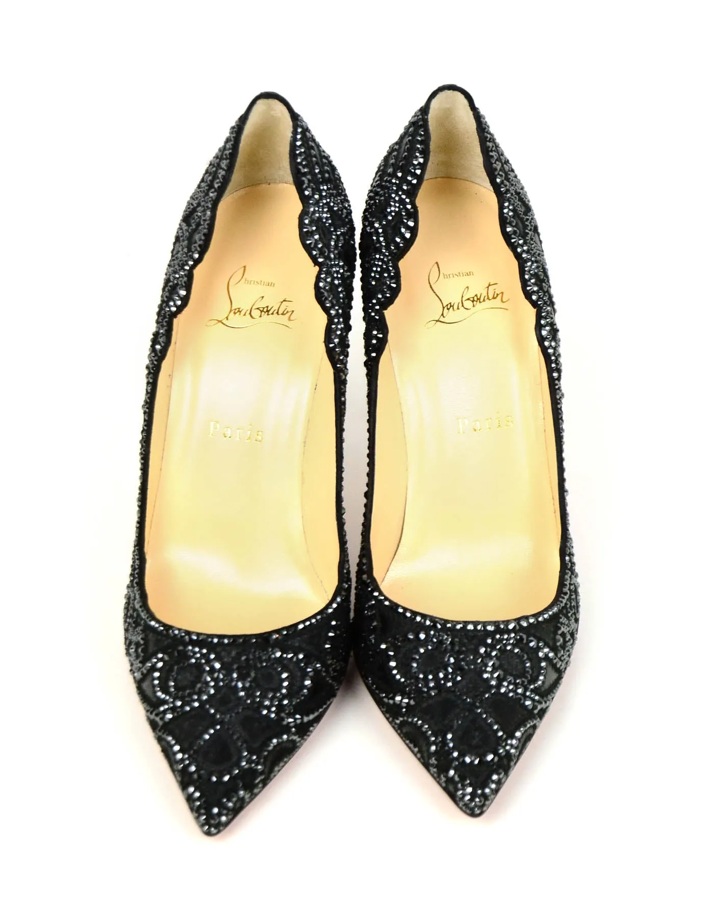 Christian Louboutin NEW Black Calfskin Scalloped Crystal Top Vague Pumps sz 39.5