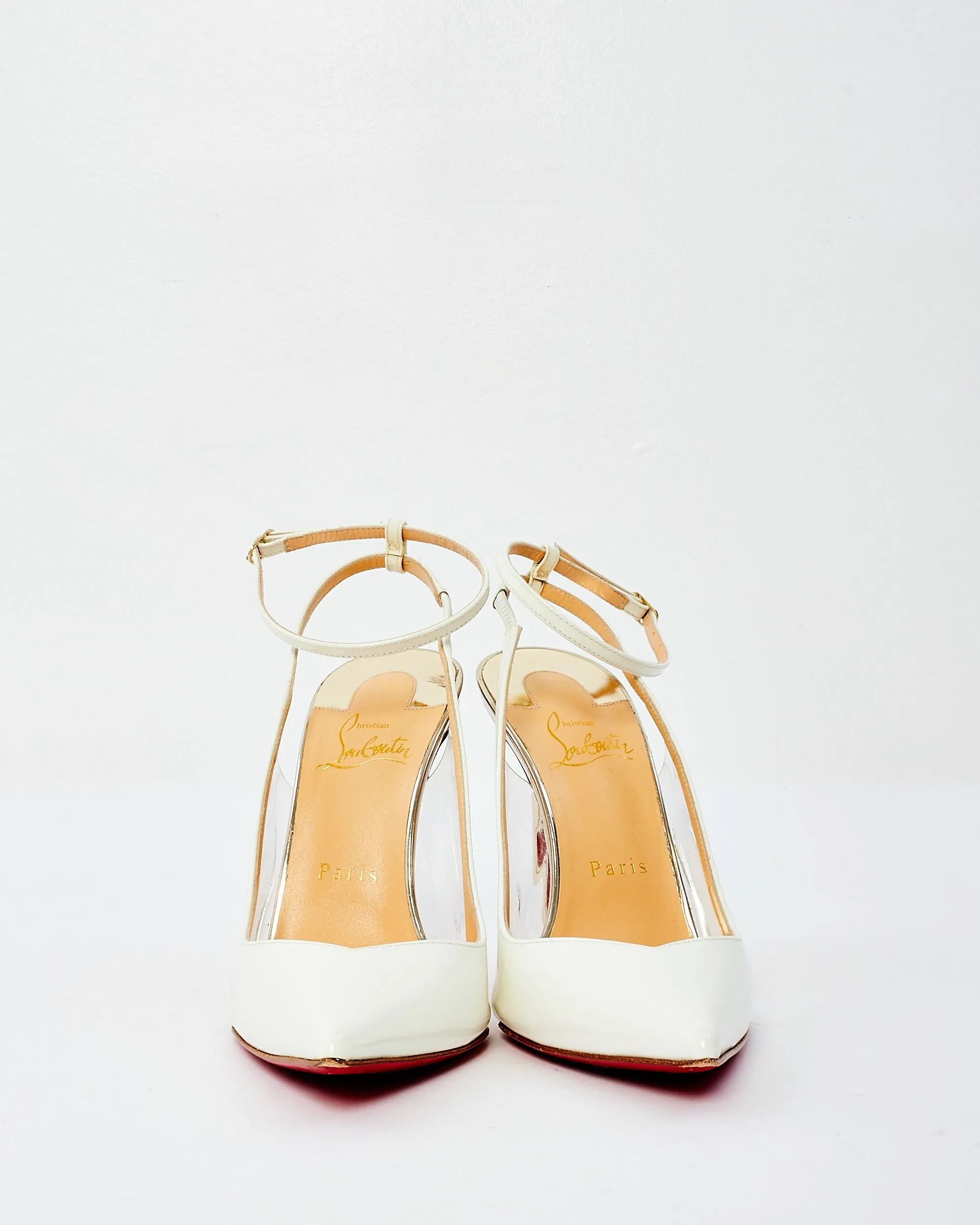 Christian Louboutin White & Silver Patent Leather Ankle Strap Pumps - 38.5