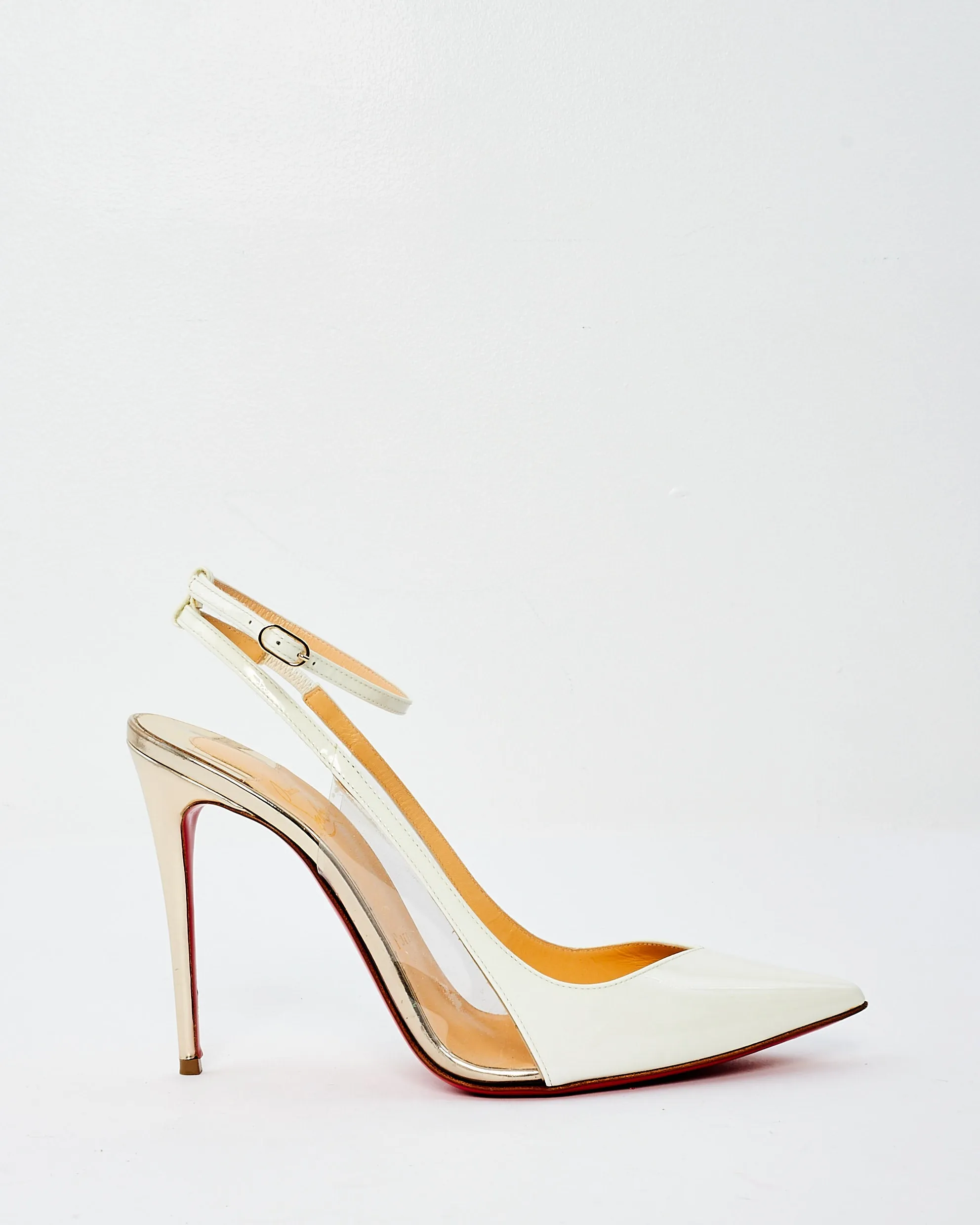 Christian Louboutin White & Silver Patent Leather Ankle Strap Pumps - 38.5